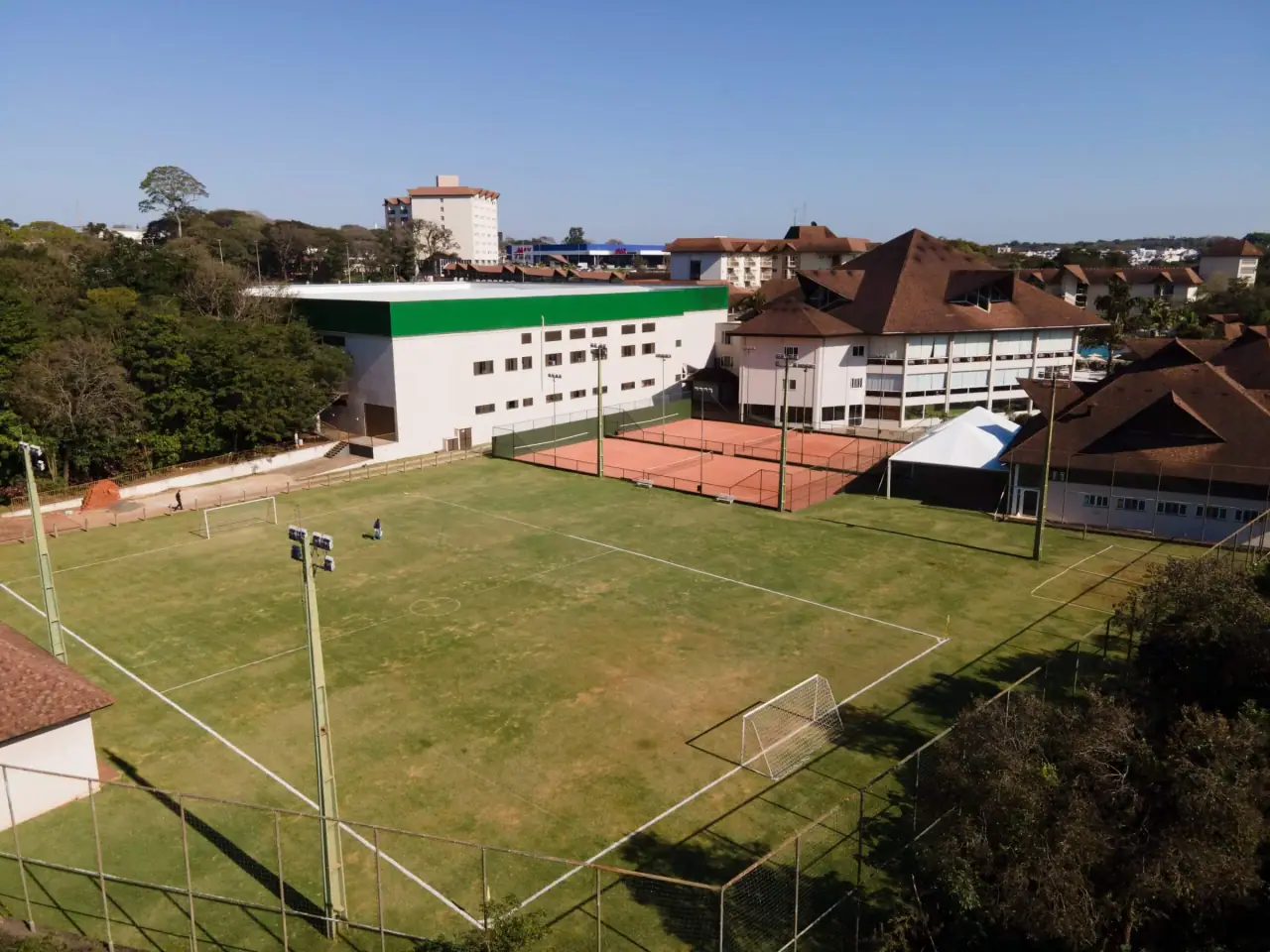 Soccer field and sports courts seen from above