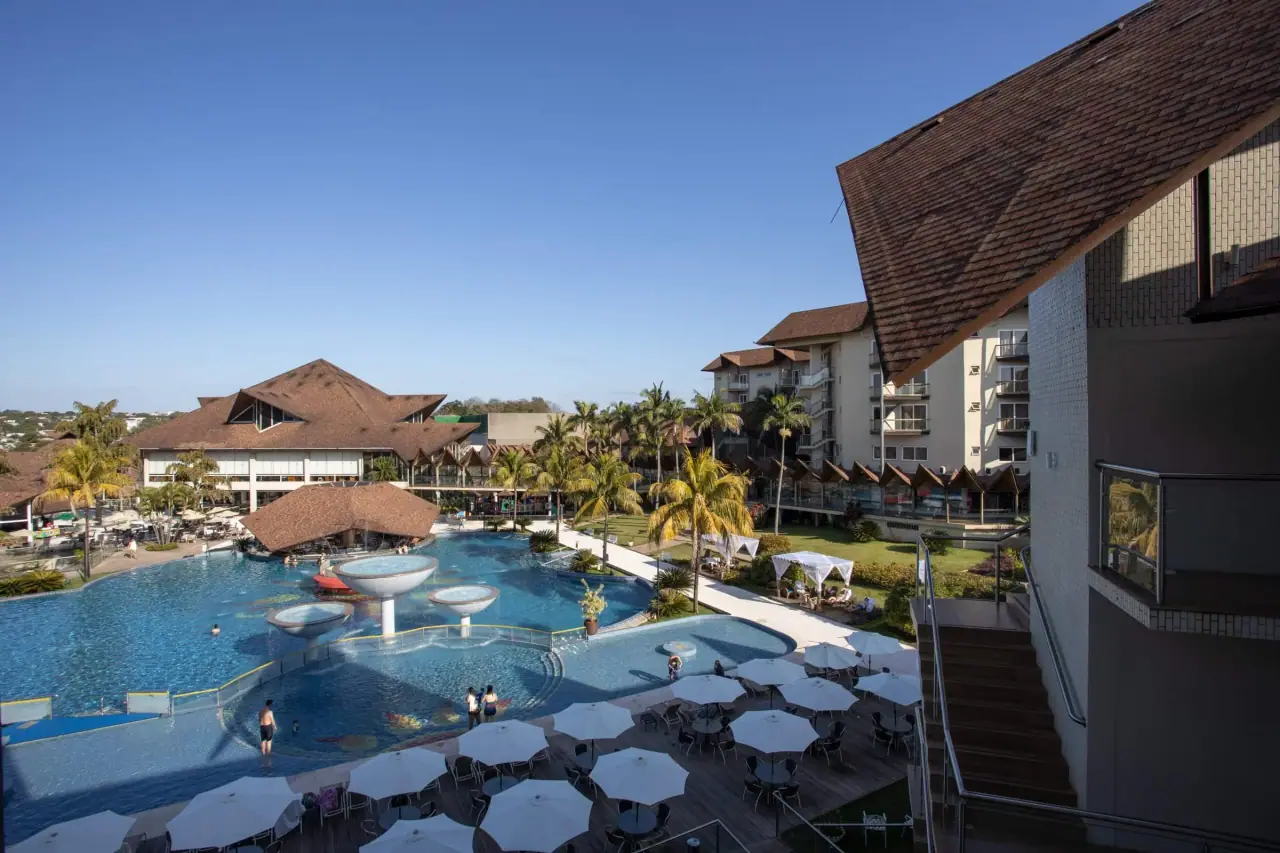 Thermal pool with deck and resort rooftops