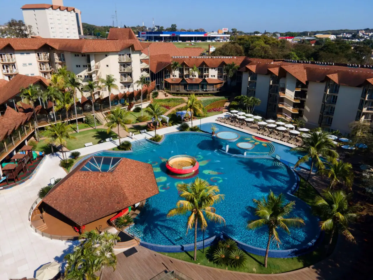 Aerial view of Recanto Cataratas with pools surrounded by trees