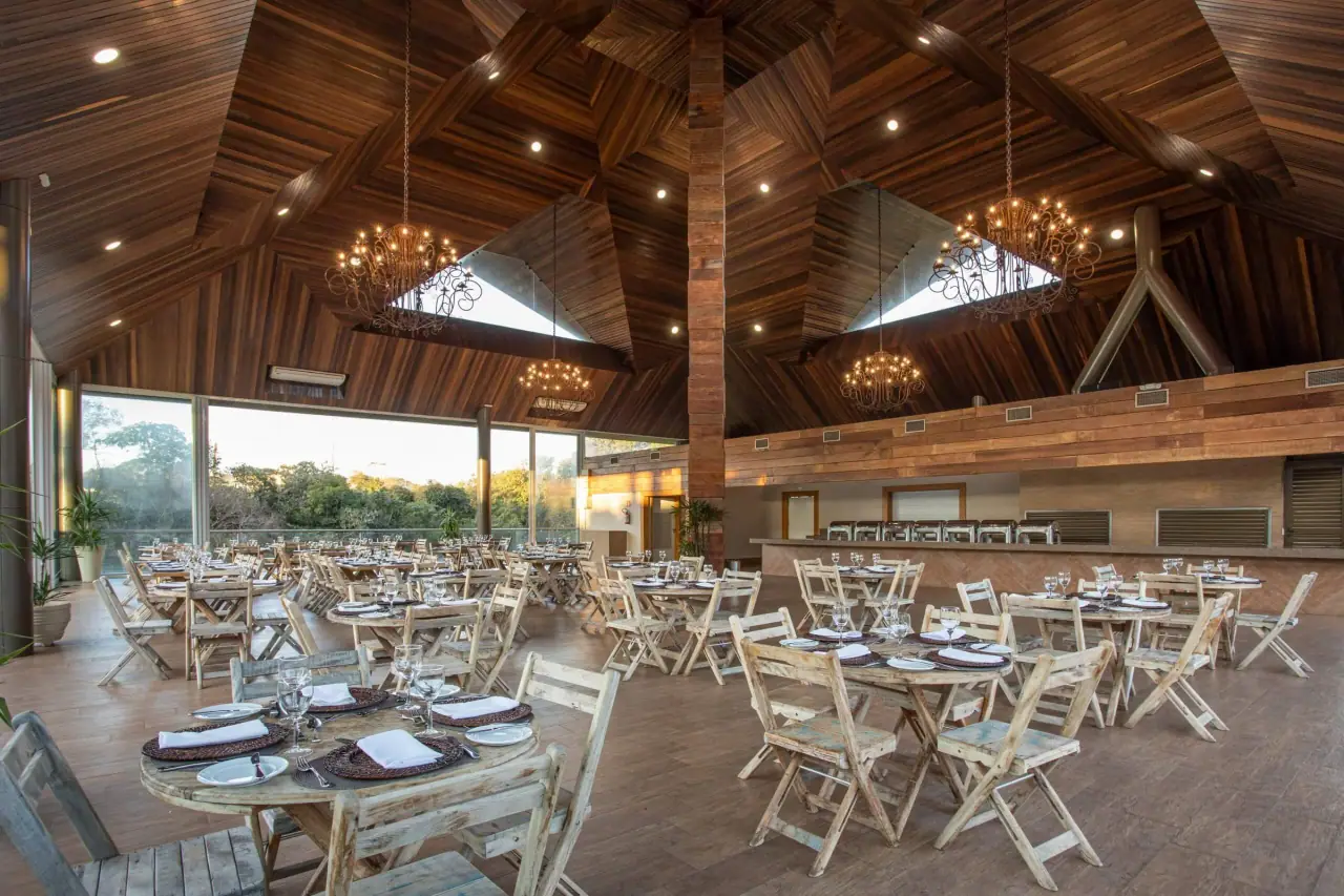 Restaurant under an exposed wood roof